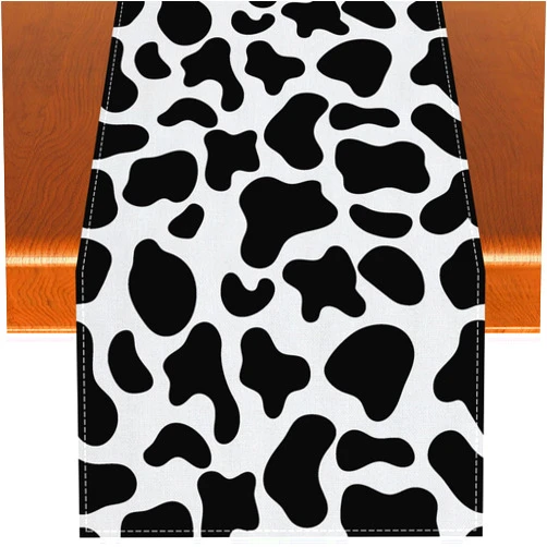 Rvsticty Linen Cow Print Table Runner Black and White Cowhide Tablecloth Barnyard Birthday Party Decorations and Supplies for Home Kitchen Table-13×72''