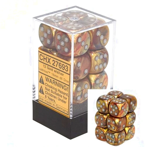 Chessex Dice d6 Sets: Lustrous Gold with Silver - 16mm Six Sided Die (12) Block of Dice