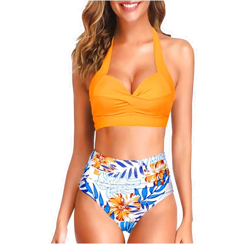CAOQAO Women Two Piece High Waisted Bikini Set Swimsuits Push Up Halter Tummy Control Bottoms Bathing Suits