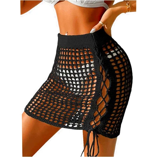 YANBOYI Women's Crochet Cover ups Sheer Short Beach Skirt Fringe Sexy Hollow Out Beach Bikini Cover Up Swimwear