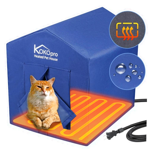 Kokopro Large Heated Cat House - KOKOPRO for Outdoor Cats in Winter, Weatherproof, Elevated, Cat Shelter with Cat Heating Pad Bed, Outdoor Warm House for Feral Barn Cat Puppy, with Carrying Bag 16''×20''×18''