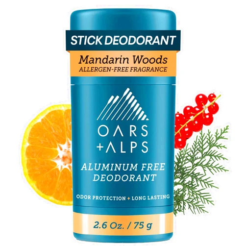 Oars + Alps Aluminum Free Deodorant for Men | Long Lasting Odor Protection, Clear & Free of White Residue, Anti-Chafing Smooth Glide, Dermatologist Tested, Mandarin Woods, 1pk, 2.6oz