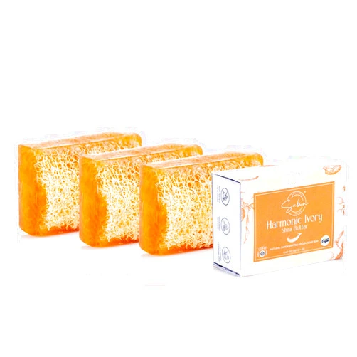 SABUN NATURALLY LAVISH SABUN CO. [3 Pack] Shea Butter Moisturizer Loofah Soap- Natural Exfoliating Bar Nourishing, Hydrating, Moisturizing Handmade Soap For Face and Body [4.4 oz - 125 gr x 3]