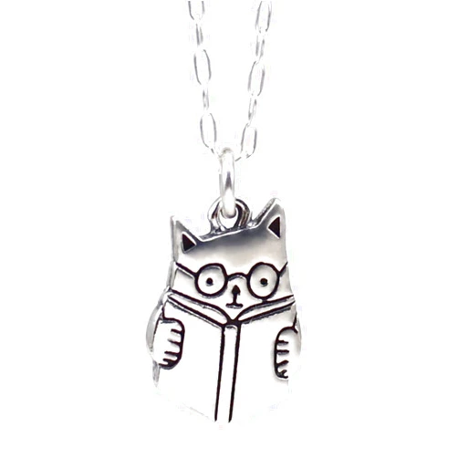 Mark Poulin Small Sterling Silver Book Cat Charm Necklace on 16