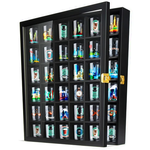 TJ.MOREE Shot Glass Display Case 36 Slots Glass Display Holder Wall Mounted with Lockable Door, Black