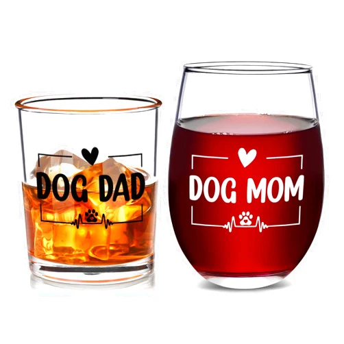 Futtumy Dog Mom Wine Glass and Dog Dad Whiskey Glass Set, Parents Dog Lovers, Mom and Dad Gifts for Christmas Mother's Day Father's Day, New Parents Gifts for Couples from Adult Children
