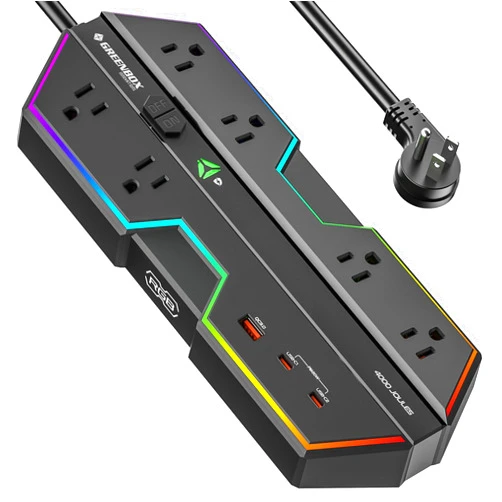 Green Box Innovations 4000J Surge Protector Power Strip with USB Ports, 6 Outlet Power Strip with RGB Lights and PD 20W Fast Charging, Wide-Spaced Outlet Perfect for e-Sports, Game PC, Home and Offices