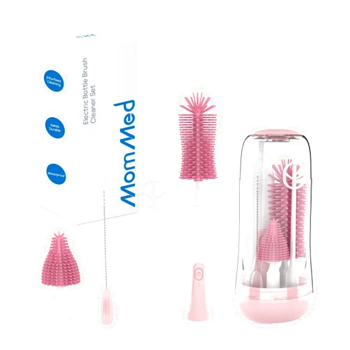 MomMed Electric Bottle Brush, Electric Baby Bottle Brush Set with Silicone Bottle/Pacifier/Straw Brush and Mixing Head, Waterproof Bottle Cleaner Brush with Drying Rack, 2 Modes & 360° Rotation Pink