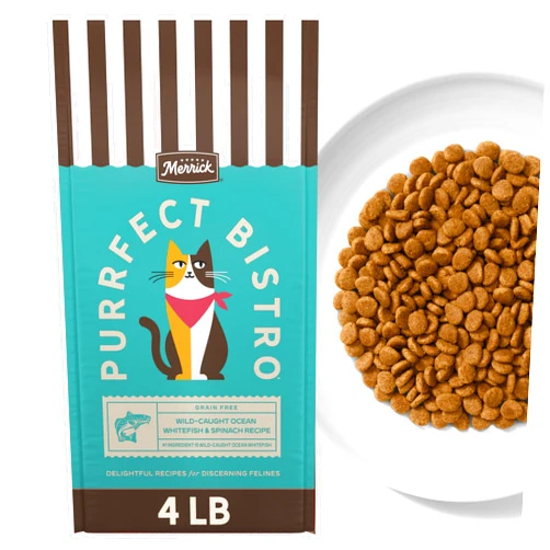 Merrick Purrfect Bistro Grain Free Wild-Caught Ocean Whitefish and Spinach Recipe Natural Dry Cat Food for Adult Cats, High Protein, Outdoor or Indoor Cat Food - 4 lb. Bag