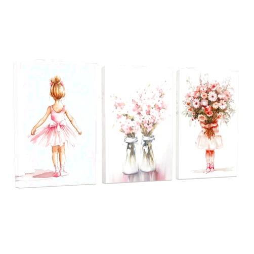 SWQYLB Ballerina Prints Wall Art Ballet Dancer Poster Little Girl Dancing Pictures Pink Flower Canvas Painting Pink Girl Bedroom Dance Room Decor Framed (12