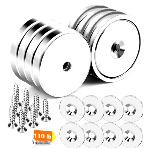 DIYMAG 8 Pcs Neodymium Round Base Cup Magnet,110LBS Strong Rare Earth Magnets with Heavy Duty Countersunk Hole,Stainless Screws,Iron Sheet for Refrigerator Magnetic,Office,Etc-Dia 1.26 Inch-Pack of 8