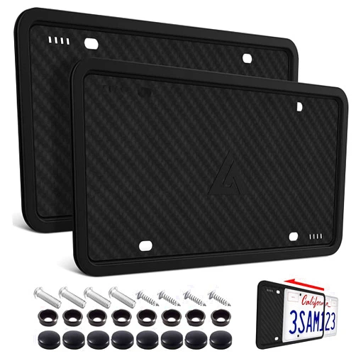 Aujen Silicone License Plate Frames,2 Pack Black Side-Opening License Bracket Holder with Easy Installation, License Plate Frame Without Obstruction.Rustproof, Rattle Proof & Weatherproof Universal