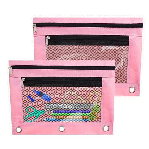 Antner Binder Pencil Pouch for 3 Ring Binder, 2 Pack 3 Ring Binder Pencil Pouches Double Zipper Pencil Case Cosmetic Bag, Pink