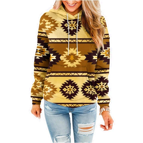 FOCLMP Women Western Ethic Hoodie Aztec Style Print Graphic Sweatshirts Pullover Hooded Pullover Tops Shirts Vintage Clothing