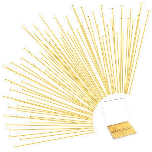 Sureio 500 Pieces Flat Head Pins for Jewelry Making 2 Inch Straight Head Pins Metal End Headpins DIY Head Pin Findings with Plastic Box for Craft Earring Bracelet Necklace Pendant Supplies (Gold)