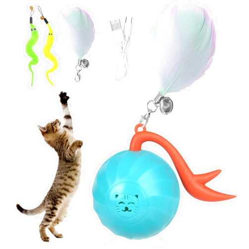 Peypoie Interactive Cat Toy Smart Ball with LED Lights Feather Teaser Accessories, DIY Automatic Moving Cat Ball Toys for Indoor Cats, USB Rechargeable