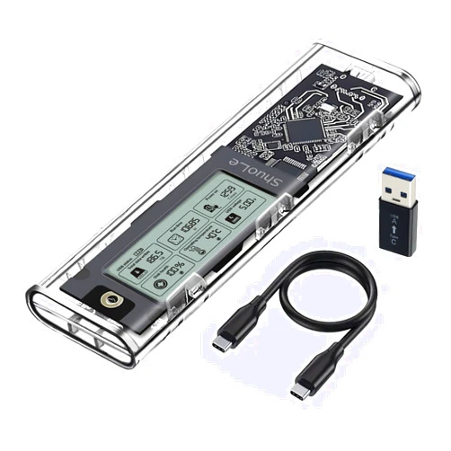 ShuoLe M.2 NVMe SSD Enclosure with LCD Screen, USB 3.2 Gen 2 (10 Gbps), Transparent External Solid State Drive Adapter for 2280 PCI-E M and B&M Keys, USB Type C Converter Case