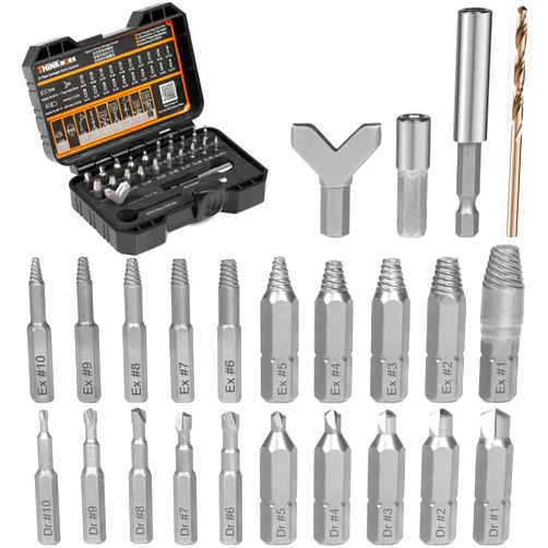 THINKWORK Damaged Screw Extractor Set, HSS 6542 (68 HRC), 24 Piece Easy Out Bolt Extractor Set, Stripped Screw Remover for Removing Damaged, Frozen, Rusted, Rounded-Off Bolts, Nuts, Small Screws
