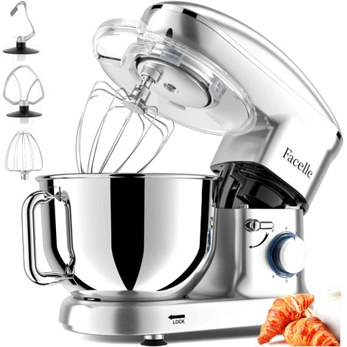 Facelle Stand Mixer, Electric Kitchen Mixer, 6 Speed Tilt-Head Stand Mixer with Pulse, Attachments include 6.5QT Bowl, Dishwasher Safe Beater, Dough Hook, Whisk for Dough, Baking,Cakes, Cookie -Silver