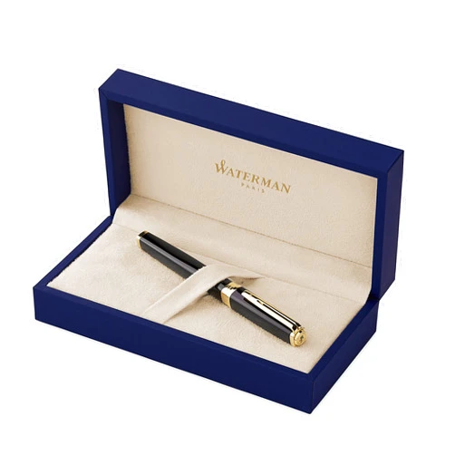Waterman Exception Fountain Pen, Slim Black with 23k Gold Clip, Medium Nib with Blue Ink Cartridge, Gift Box