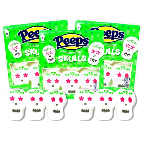 Needzo Peeps Marshmallow Candy Day of the Dead Sugar Skull Halloween Peep Marshmallows Party Favors, Cupcake, Cake, Brownie or Dessert Topper Decorations (Pack of 3) 6 Skulls in Each