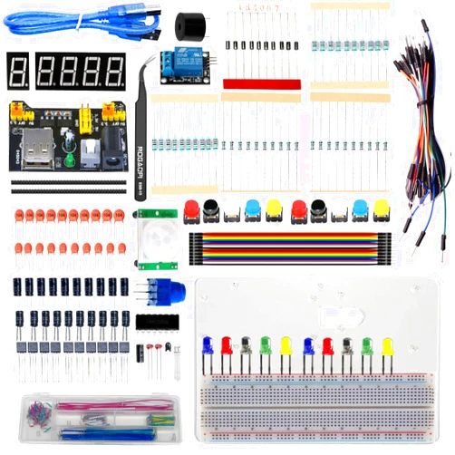 MOGAOPI Electronics Component Fun Kit, Component for Arduino/Raspberry Pi, Breadboard, Power Supply Module, Jumper Wire, LED Diode, Resistors, Tact Switch, Potentiometer, Capacitor, Transistor
