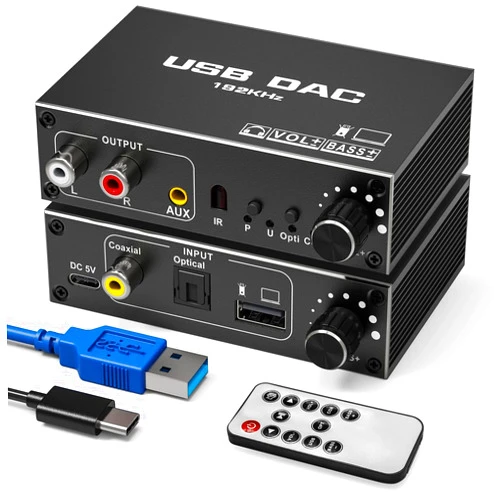 Tendak USB Audio Converter,192KHz DAC Digital to Analog Converter with Volume Control,Bass Adjustment,Remote Control,USB Optical SPDIF Coaxial to Analog Stereo RCA L/R and 3.5mm Jack Audio Adapter