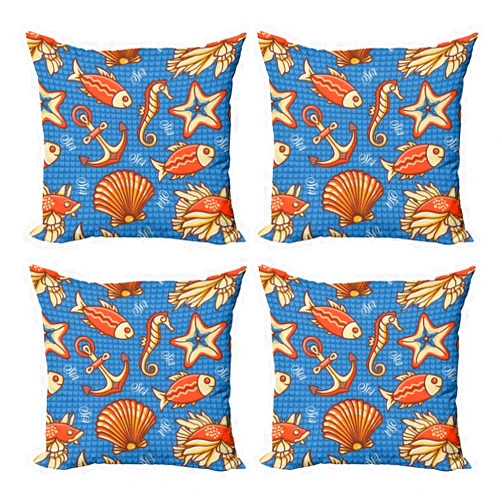 Lunarable Nautical Throw Pillow Cover Set of 4, Doodle Style Cartoon Sea Creatures with Heart Filled Backdrop Seahorse, Square Cushion Covers Decor for Bed Couch Sofa, 18