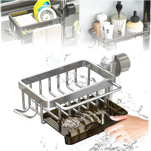 AGSIXZLAN Upgrade Kitchen Sink Faucet Organizer，2024 New Sponge Holder for Kitchen Sink Suction，with Drip Tray Faucet Sponge Holder，for Kitchen，Bath，0.7-1.1 Inch Round Water Pipe(Silver, Left)
