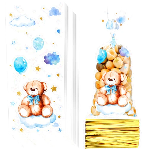 Maitys 100 Pieces Bear Baby Shower Treats Cellophane Bags Plastic Goodie Candy Bags with 100 Gold Twist Ties Gift Bags for Gender Reveal Birthday Party Favors (Blue,Sweet Style)