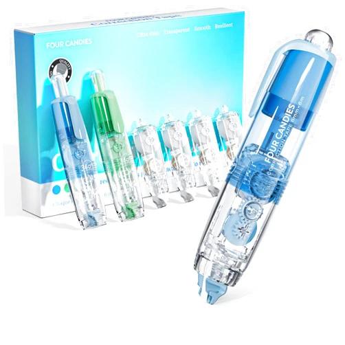 Four Candies Refillable Retractable White Out Correction Tape, 2PCS Cute White Out with 4 Extra Refills, Easy to Use Mini Aesthetic Pen Shaped Applicator for School Office Supplies (Blue Green)