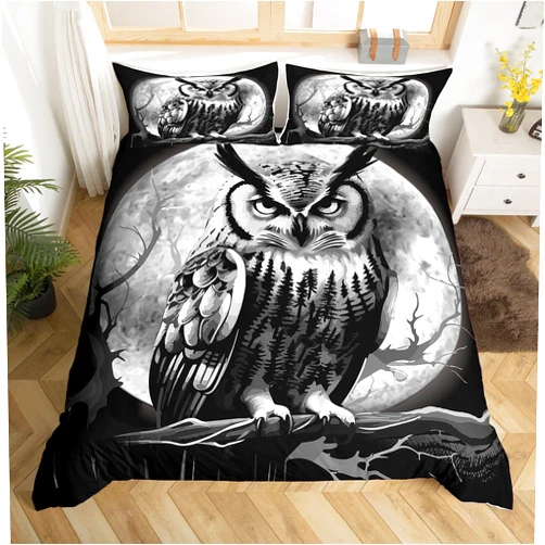Feelyou Owl Bedding Set 3D Boho Owl Duvet Cover Set for Kids Boys Girls Boho Exotic Style Comforter Cover Moon Safari Bird Animal Print Decor Quilt Cover Room Decor 3Pcs Queen Size,Zipper