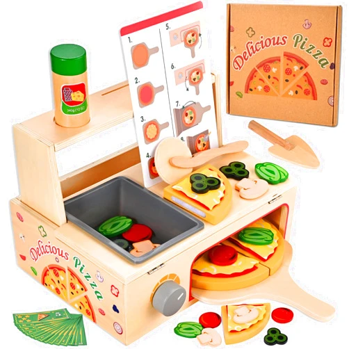 Wooderma 50 Pcs Wooden Pizza Toy, Montessori Pretend Play Toys, Wooden Pizza Counter Playset with Bake Oven, Play Food and Accessories, Cooking Pretend Play Toys for Boys Girls Age 3+