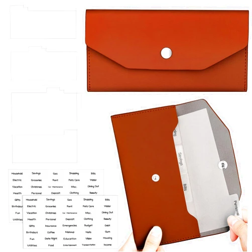 Frienda 1 Cash Envelope Wallet PU Leather Reusable Budget Envelope 8 Cash Dividers 2 Sheets Category Sticker Labels for Wallets Bill Planner(Brown,Classic)