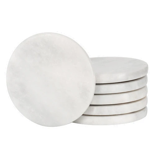 Radicaln Coaster Set of 6 White Handmade Marble Warming Coffee 3.5 Inches Round Coasters Set for Mug Glass Drinks - Non Plastic Non Tile - Ideal for Car and Outdoor Pot Mat Caddy Kitchen Cup Pad Coaster Sets