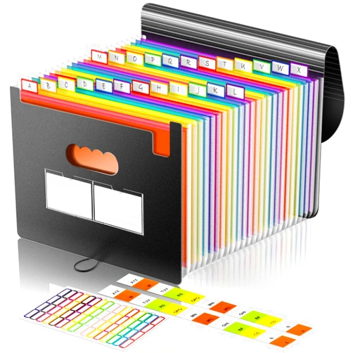 Timart Accordion File Organizer, 24 Pockets Expanding File Folder, Letter A4 Size Document Holder with Labels, Portable Monthly Paper Bill Tax Receipt Organizer for School, Home and Office - Black