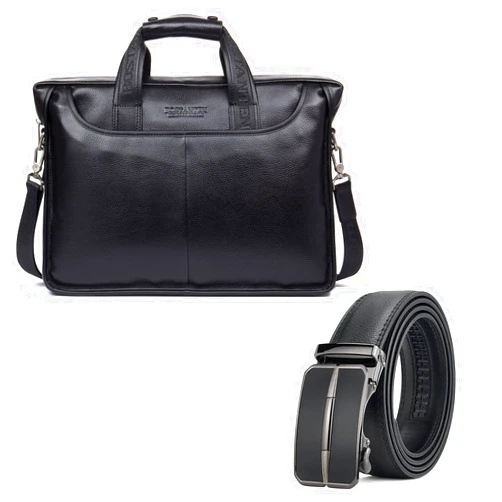 BOSTANTEN Leather Briefcase Handbag Messenger Business Bags for Men and Men's Leather Ratchet Dress Belt with Automatic Sliding Buckle