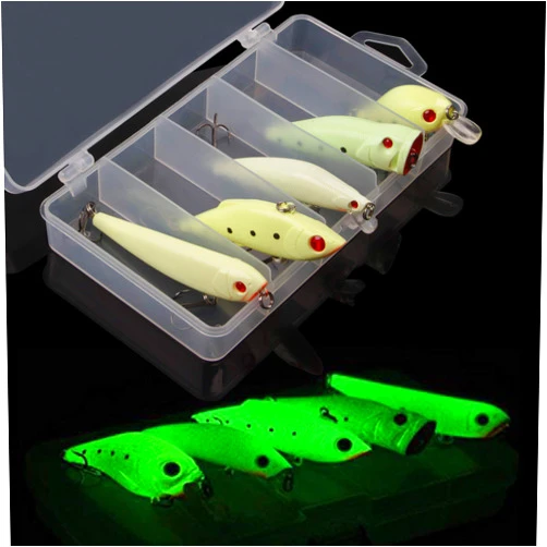 Shaddock Fishing Glow Fishing Lure Bait Kit - 5pcs Luminous Fishing Bait VIB Popper Crank Minnow Pencil Artificial Lures with Tackle Box for Bass Saltwater Freshwater