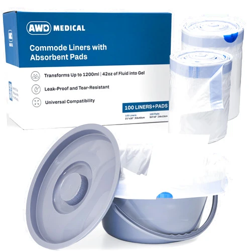 AWD Medical Commode Liners with Absorbent Pads - Adults Commode Bag Compatible with Most Toilets - Portable Commode Liners with Gel Pads - Disposable Bedside Toilet Liner Bags for Adult Potty Chair - 100-Pack