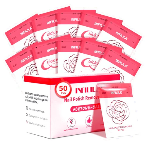 NXJ INFILILA Nail Polish Remover Pads Big Size 50 PCS Professional Individually Wrapped Wet Wipes, Quick Nail Polish Remover Wipes, Portable Travel Kit for Home Professional Salon Supplies