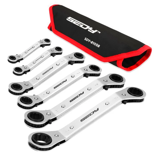 SEDY Metric Ratchet Box Wrench Set - 6-Piece Ratcheting Head Reversible Double Offset Wrenches Socket Spanner Tool Adjustable Direction Box End Stubby Handle Angle Head