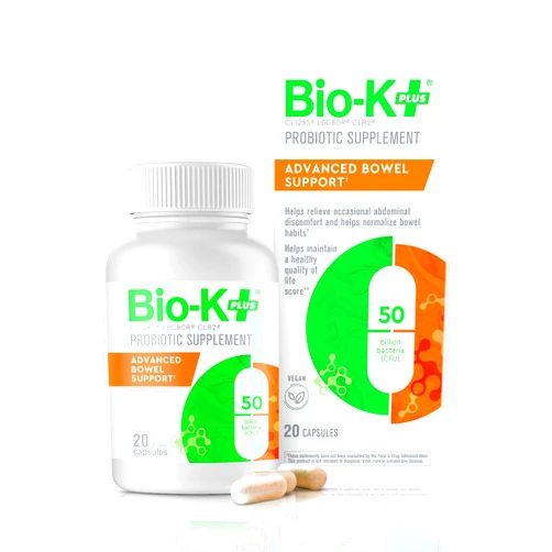 Bio-K Plus Bio K+ Advanced Bowel Support – Vegan Probiotic Supplement for Digestion Support, Relieves Occasional Discomfort, Helps Normalize Bowel Habits with 50 Billion CFU 3 Strains – 20 Capsules