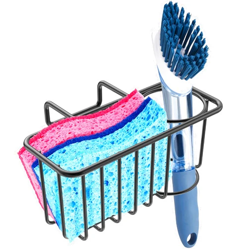 JOFUYU 2-in-1 Kitchen Sink Caddy Sponge Holder + Dish Brush Holder, Sink Sponge Organizer Basket Rack, SUS304 Stainless Steel - Black
