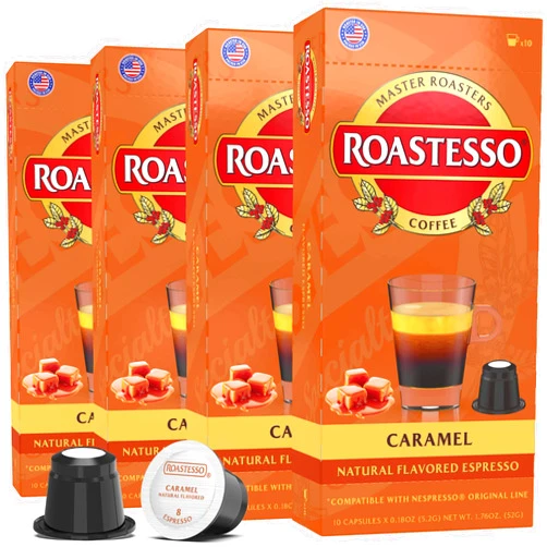Roastesso Coffee, Natural Caramel Flavored Espresso Pods, Nespresso Capsules Compatible with Original Line Machines, Barista Creations Flavor Pack, Medium Dark Roast Ristretto (40 Count)