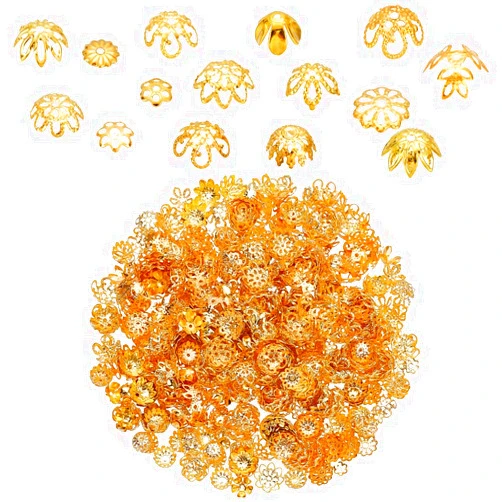 PH PandaHall 750pcs 15 Styles Golden Bead Caps Flower Spacer End Caps, Hollow Flower Beads Cap Gold Metal Filigree Bead End Caps for Bracelet Earrring Necklace DIY Jewelry Making Crafts