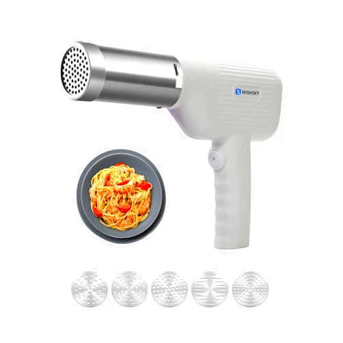 WISHSKY 2024 New Handheld Electric Pasta Maker, 5-in-1 Cordless Pasta Machine, Portable Noodle Maker with Molded Noodle Molds, Cutters and Sausage Stuffing Tube, Electric Pasta Maker for Home Use ﻿