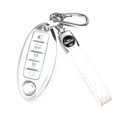 QBUC for Nissan Key fob Cover,Soft TPU 360°Car Key Case Protector with Keychain Compatible with Altima Sentra Rogue Pathfinder Murano Armada Maxima Versa ect 5 Buttons Smart Keys(White)