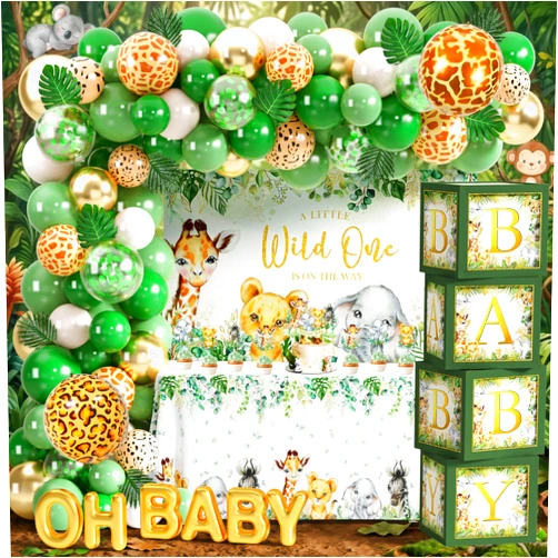 JOPHMO Safari Baby Shower Decorations for Boy - 116 Pcs Wild One Birthday Decorations Jungle Theme Baby Shower Decorations Boy with Balloon Arch Kit, Wild One Backdrop, Tablecloth and Baby Boxes