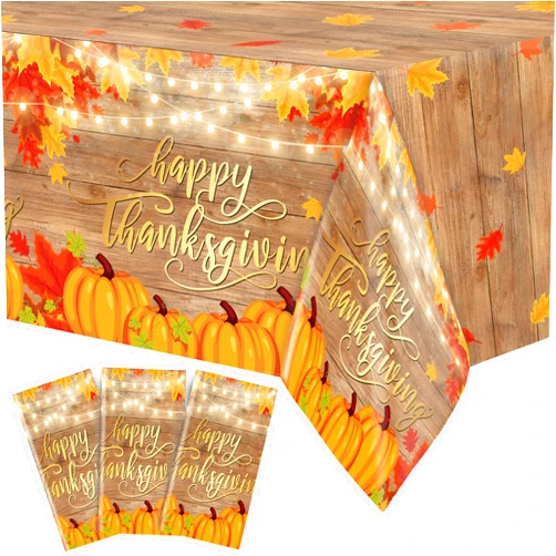 Tokcousun 3 Pieces Thanksgiving Fall Plastic Tablecloth, Autumn Maple Leaf Table Cover Wood Grain Pumpkin Disposable Rectangle Tablecloths Large108 X 54 Inch Fall Party Thanksgiving Harvest Table Decorations