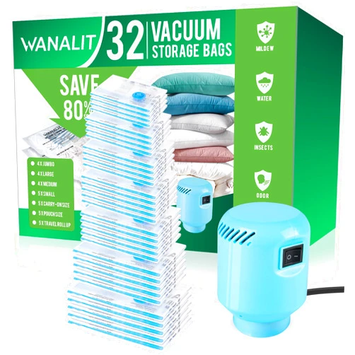 WANALIT Vacuum Storage Bags with Electric Pump, New Air Valve Combo 32 Pack Vacuum Space Saver Bag, Vacuum Sealer Bags for Clothes, Clothing, Pillows, Comforters, Blankets, Quilt, Travel, Two Compressing Ways